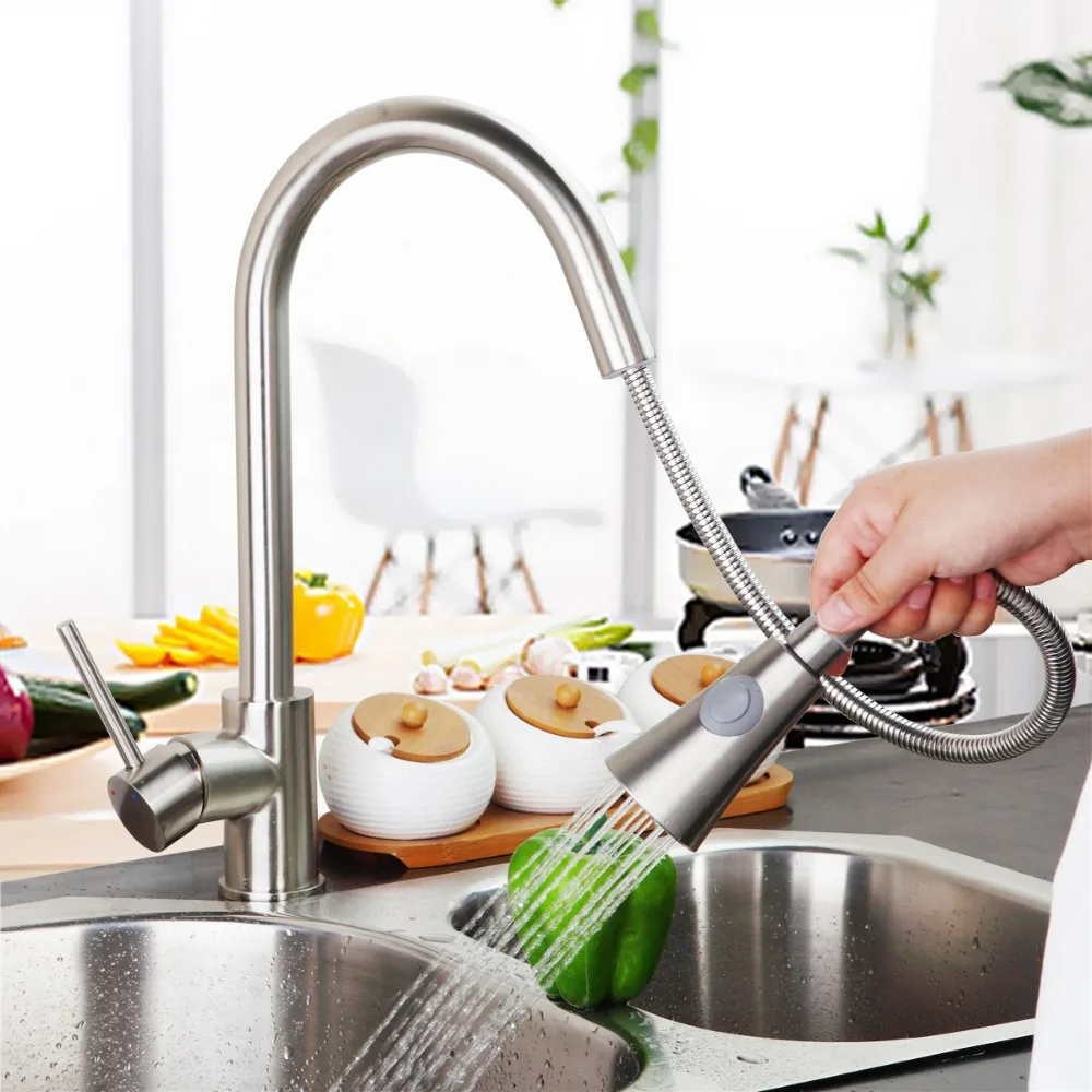 

Luxury Brushed Nickel Kitchen Faucet Vessel Sink Bar Mixer Tap Single Handle Hole Dual Sprayer Deck Mounted