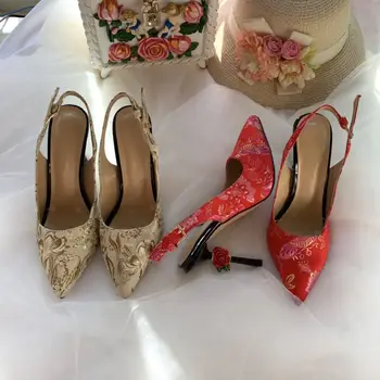 

2019 Luxury Rose Flower Heel Slingbacks Elegant Pointed Toe Jacquard Cotton Fabric Women High Heels