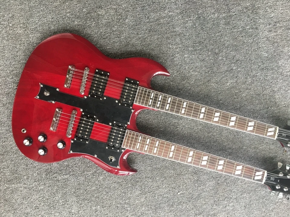 

Factory Custom 12+6 Strings Red Double Neck Electric Guitar with Black Pickguard,Rosewood Fretboard,offer customized services