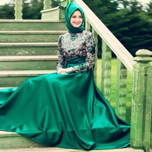 Green Turkish Islamic Women Dresses 2016 Hijab Muslim Evening Dress 