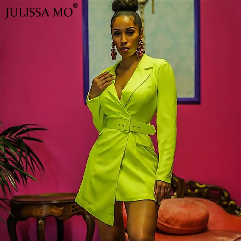 

JULISSA MO Fashion Lace Up Blazer Jacket Women Autumn V Neck Long Sleeve Sexy Chic Coat 2019 New Office Lady Belt Blazer Dress