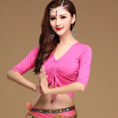 Девушки танцуют топ женщин танец футболка+ леди танец живота пол-рукава верхней одежды танец живота одежда M, L, XL - Цвет: hot pink