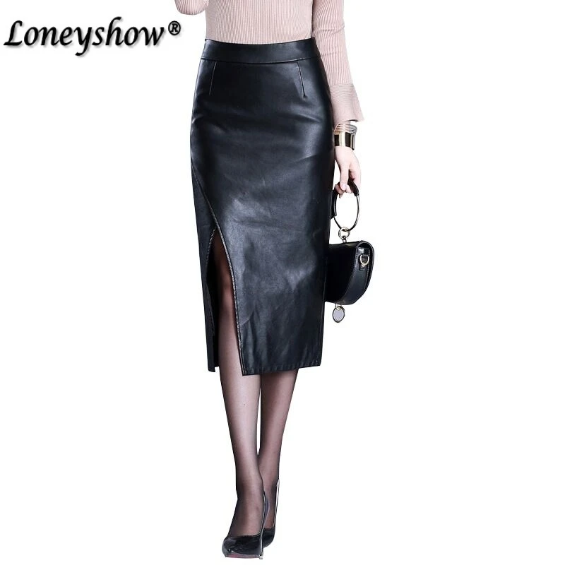 

Women Vintage High Waist Solid Midi Skirt Back Split Thick Stretchy Faux Leather Autumn Winter Pencil Skirts New
