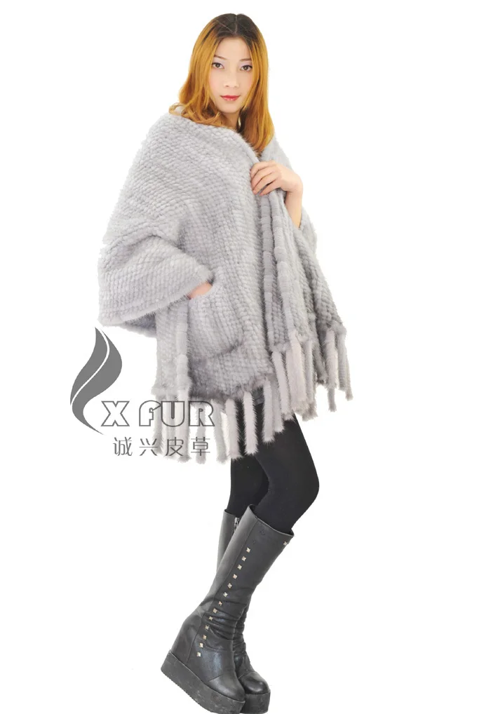 CX-B-M-25D зима дамы супер качество подлинной большой норки бахромой меховой шарф шаль с карманами - Цвет: grey