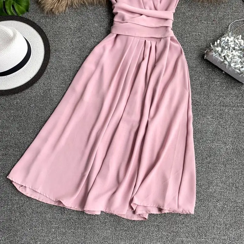 Корейское летнее Сексуальное женское платье средней длины с v-образным вырезом, элегантное приталенное платье без рукавов с высокой талией, винтажное платье розового, зеленого и красного цветов Verano Vestidos