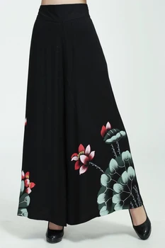 

Black Female Causal Wide Leg Pant Chinese Style Printed Cotton Trousers Elastic Waist Loose Pants Flower M L XL XXL 2369-4
