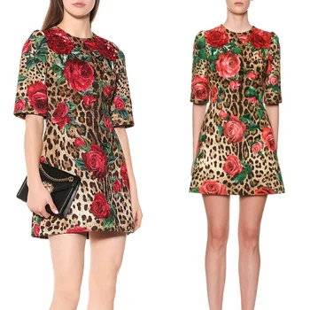 

New sleeve to receive roses sequins the short waist elegant female leopard print dress restoring ancient ways