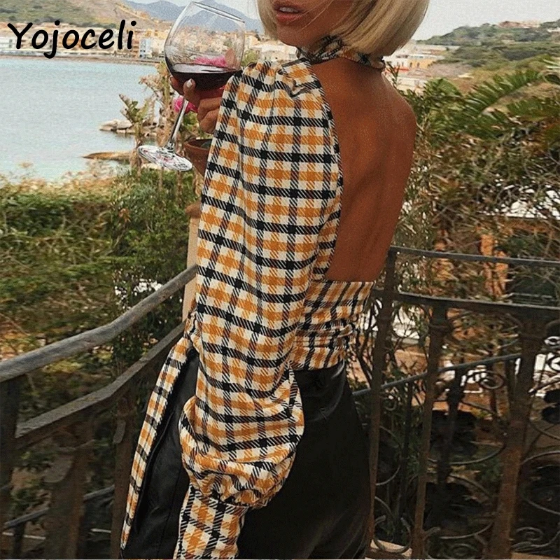 Женская рубашка с бантом Yojoceli Повседневная Уличная в клетку воротником стойкой и