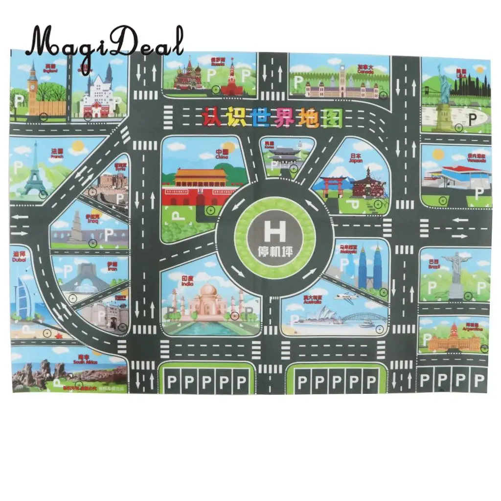 World Map Road Traffic System Playmat Activity Play Mat Carpet Educational Toy for Playing Cars & Train Track Playroom Fun