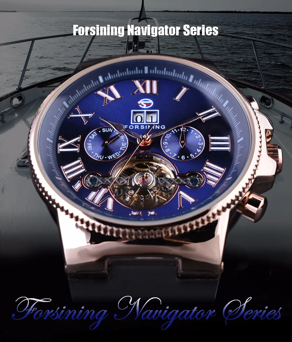 Forsining розовое золото ободок турбийн Дизайнер Высокое качество ПВХ ремешок Мужские автоматические наручные часы Мужские часы лучший бренд класса люкс