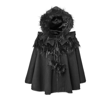 

Steampunk Gothic Lolita Style Black Casual Shawls Sweet Cape Punk Hooded Fur Cloak Coats Autumn Winter Fashion Women Poncho