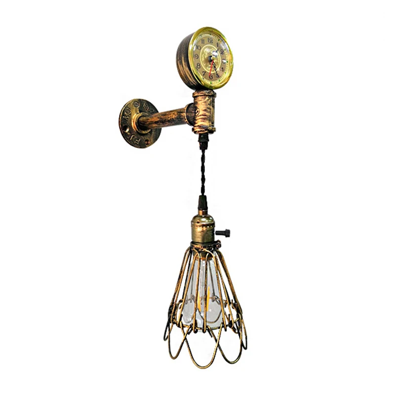 

Vintage wrought iron water pipe Birdcage wall lamp personalized Creative decoration with clock wall Light for Restaurant Bar