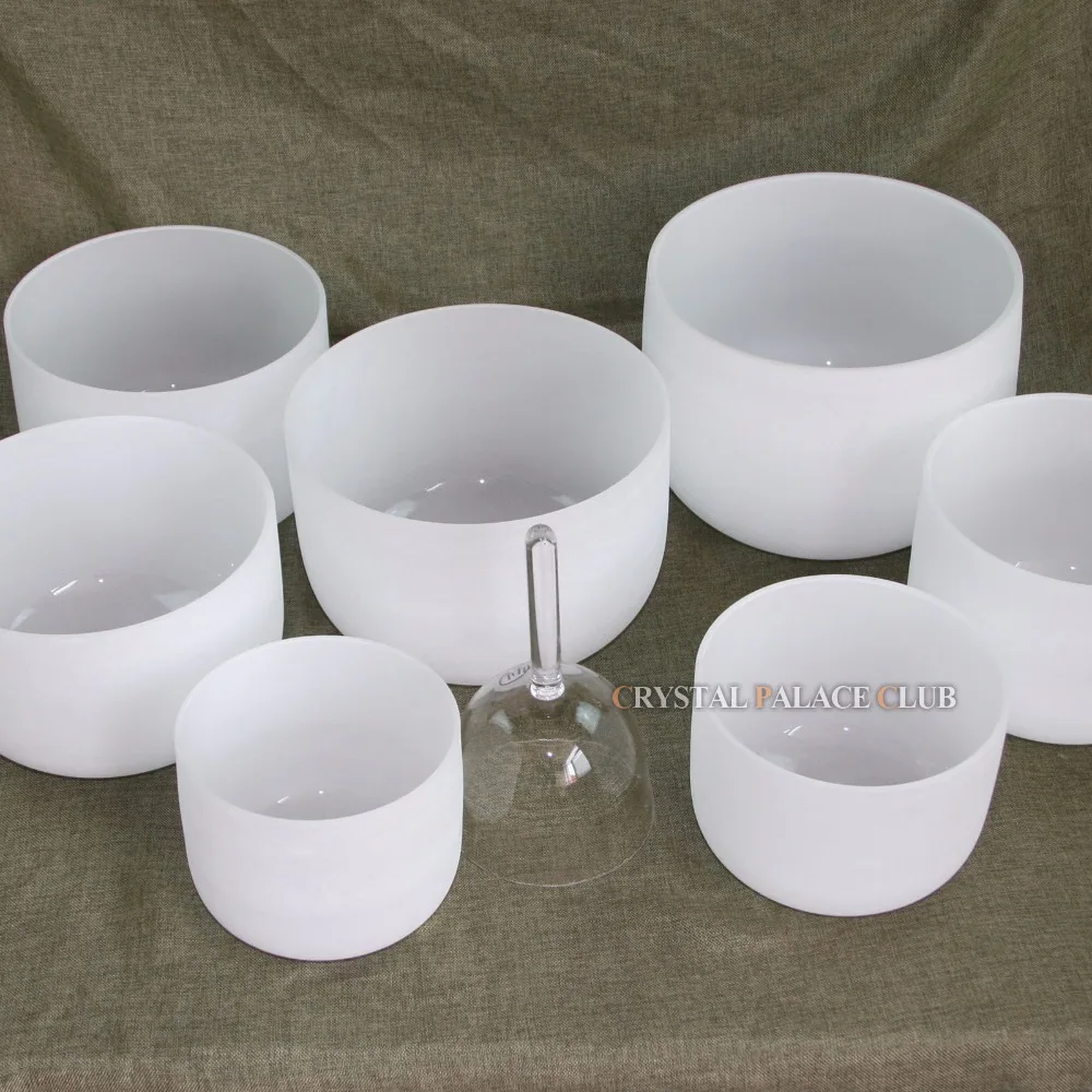 

8"-12" Chakra set of 8pcs CDEFGAB+C5 Natural Frosted Quartz Crystal Singing Bowl and clear handle bowl