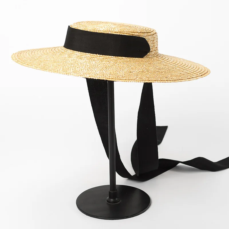 Women Shallow Flat Top Straw Hat with Black Mesh Head cover Female Summer Spring Fashion Retro Large Brim Fedoras