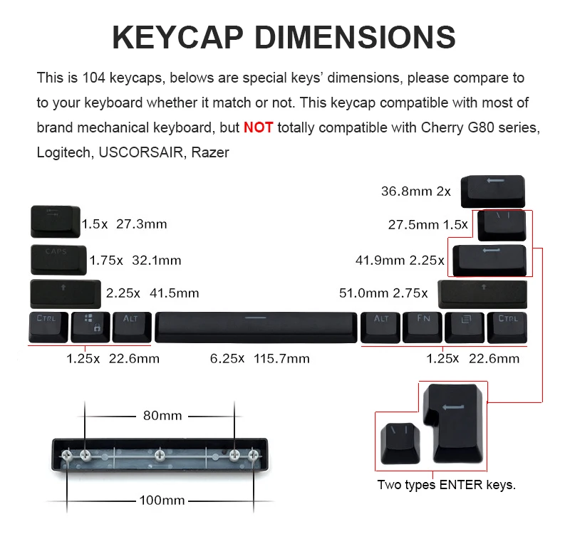 104 английские клавиши ABS PBT для механической клавиатуры, совместимые с переключателями MX, прозрачная поддержка светодиодного освещения