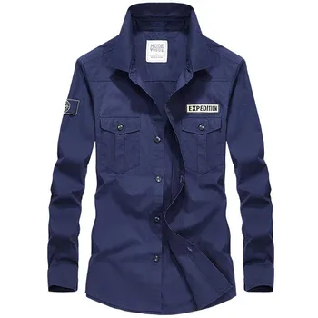 

Military Style Mens Full Sleeve Shirts Casual Fit Long Sleeve Shirt Retro Blouses Male Clothing White Blue Khaki Plus Size 4XL