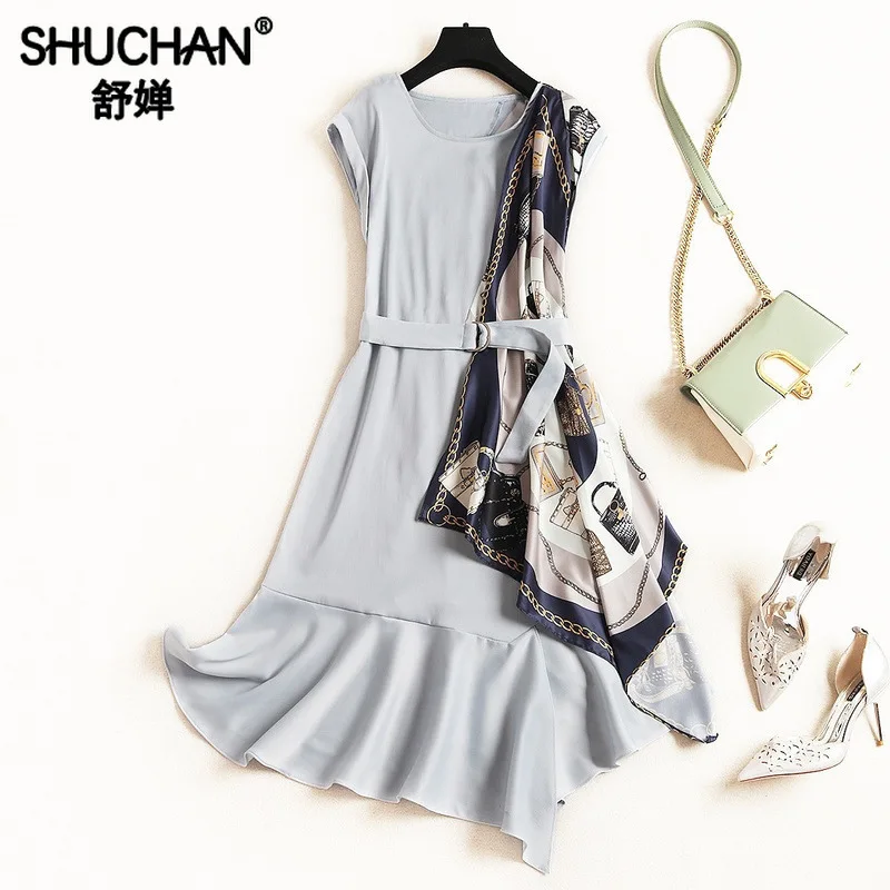 

Shuchan Office Lady Patchwork Tank Dress with Sleeveless Ruffles Knee-Length Designer Women Dresses 2019 High Quality11699