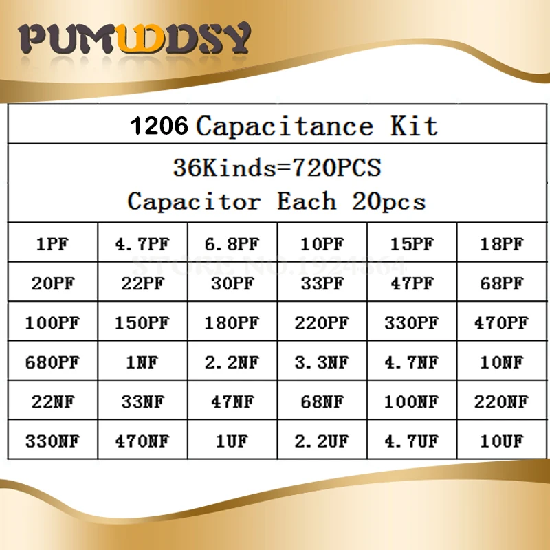 1206 SMD конденсатор Ассорти Комплект, 36 значений* 20 шт = 7 20 шт 1пф~ 10 мкФ Образцы комплект электронный diy комплект