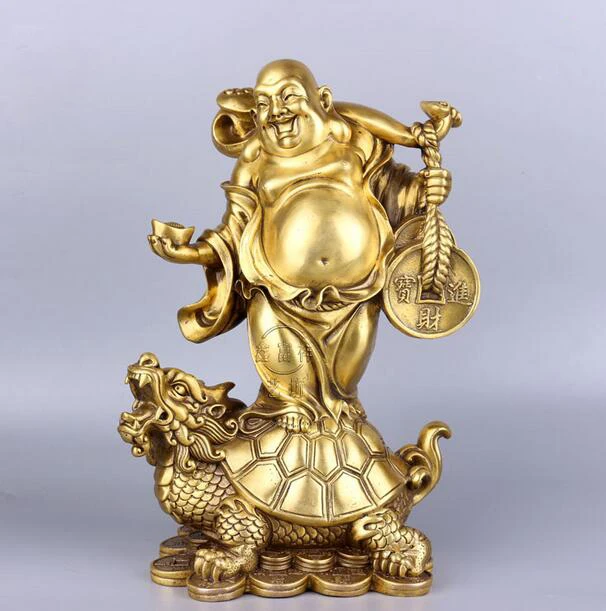

Chinese Copper Wealth YuanBao Coin Maitreya luohan Monk Buddha stand on dragon tortoise Statue