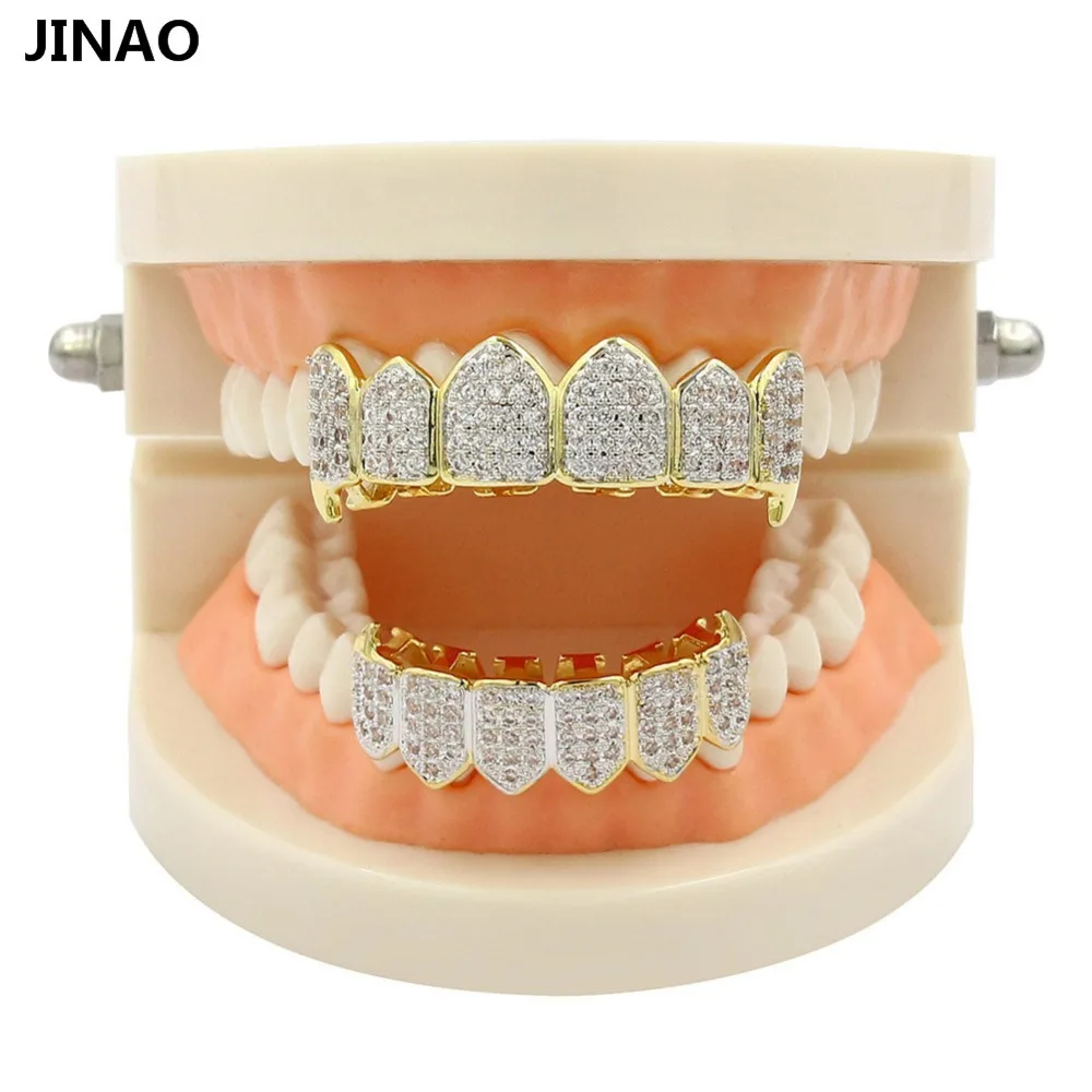 JINAO хип хоп ЗУБЫ Grillz GOLD Цвет & посеребренные Micro Pave CZ Золотой Клык верхней и нижней