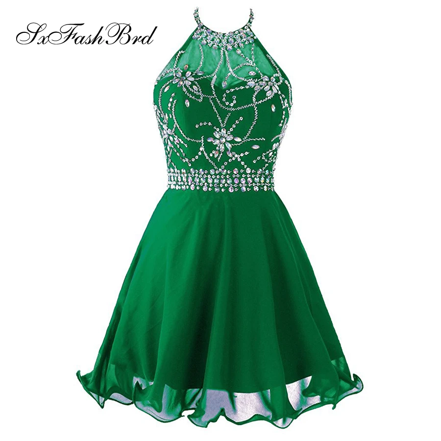 Vestido de festa Холтер шеи с бисером открытой спиной Мини Короткие Формальные Коктейльные Вечерние платья длинное вечернее платье