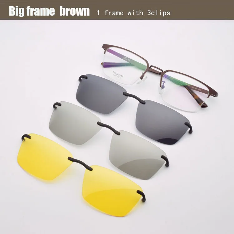 Полуоправа из чистого титана, стеклянная оправа, матовая, черная, поляризационные, 3d очки для глаз, es, близорукость, мужские солнцезащитные очки, es, ночное видение, магнитный зажим, коричневый - Цвет оправы: Big frame brown