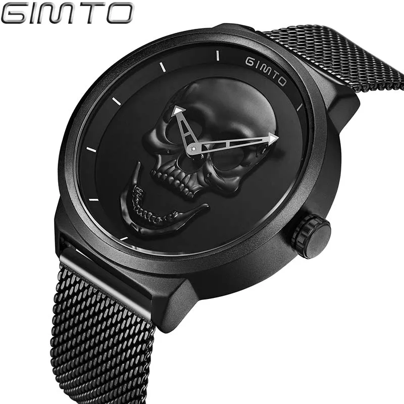 Men's Watch GIMTO Cool Bone Luxury Brand Creative Clock Steel Black Male Watch Skull Style Quartz Men Watches relogio masculino Men's Watch GIMTO Cool Bone Luxury Brand Creative Clock Steel Black Male Watch Skull Style Quartz Men Watches relogio masculino