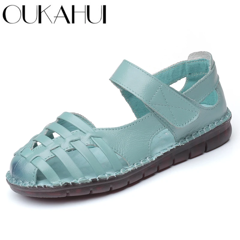 

OUKAHUI Brand Genuine Leather Ladies Gladiator Sandals Women Summer Shoes Flat Low Heel Cover Heel Toe Hollow Female Sandals New