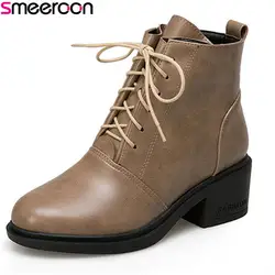 Smeeroon 2018 Новые популярные женские ботильоны обувь на платформе с круглым носком на осень-зиму сапоги на шнуровке женские сапоги на среднем