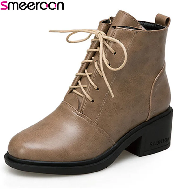

Smeeroon 2018 new popular ankle boots for women platform shoes round toe autumn winter boots lace up med heels women boots