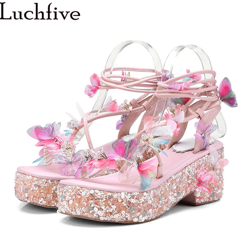 

Paltform wedge heel sandals women rhinestone sequins flowers embellished cross tied summer sweet wedding shoes foor ladies