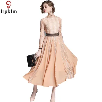 

2018 Spring New Ladies Dress Brand High-End Women's Self-Cultivation Lce Dress Chiffon Stitching Large Pendants Pink Dress NZ010