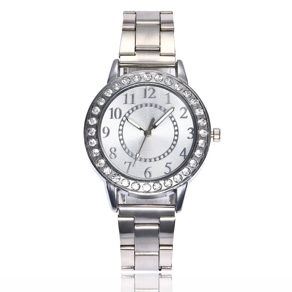 Новые поступления женские часы Роскошный брендовый горный хрусталь Круглый циферблат стальной ремень браслет часы кварцевые женские наручные часы Relojes Mujer# B - Цвет: Серебристый