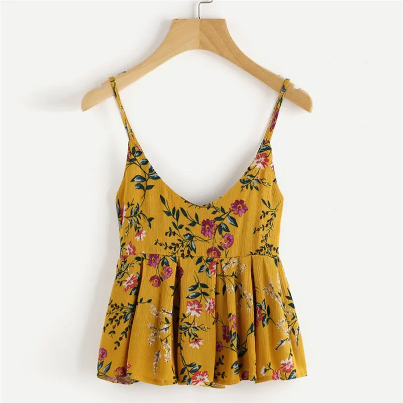 Fashion womens tops and blouses summer 2018 Sexy Printed Frill Hem Cami Top V Neck Tank Vest Blouse camicette Y16#N  (7)