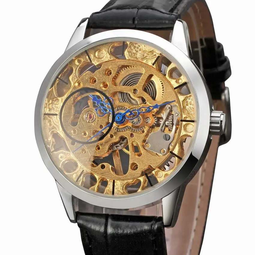 

See Through Silver Tone Case Golden Movement Hollow Skeleton Steampunk Hand Wind Mechanical Men Wrist Watch Black Leather Strap