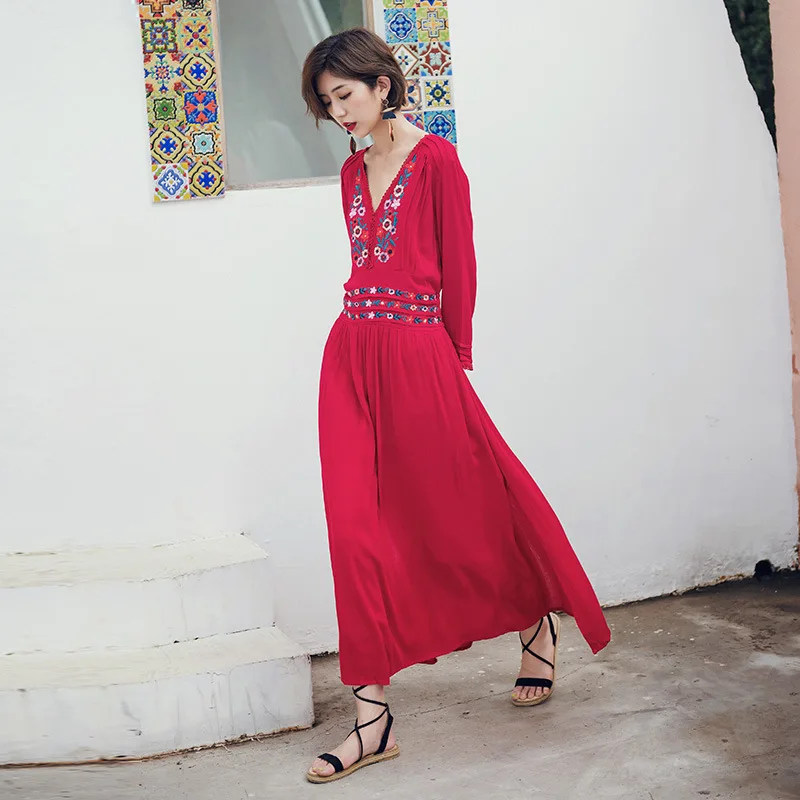 Long Boho Maxi Woman Dress Printed V Neck Vintage Beach Dresses Sashes Sleeve Party Vestido | Женская одежда