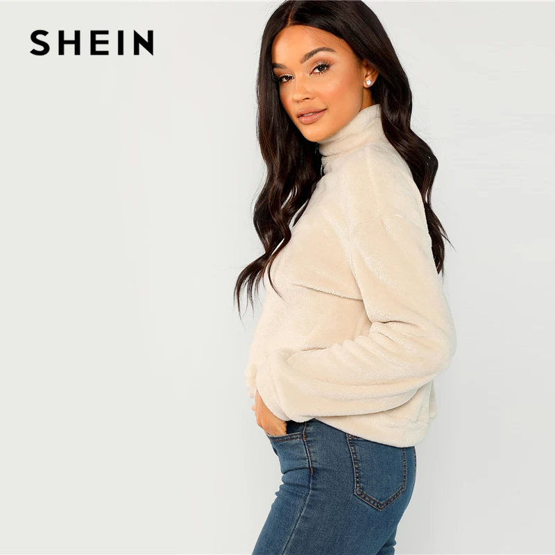  SHEIN Apricot Modern Lady Elegant High Neck Faux Fur Belted Solid Pullover Sweatshirt Winter Minima