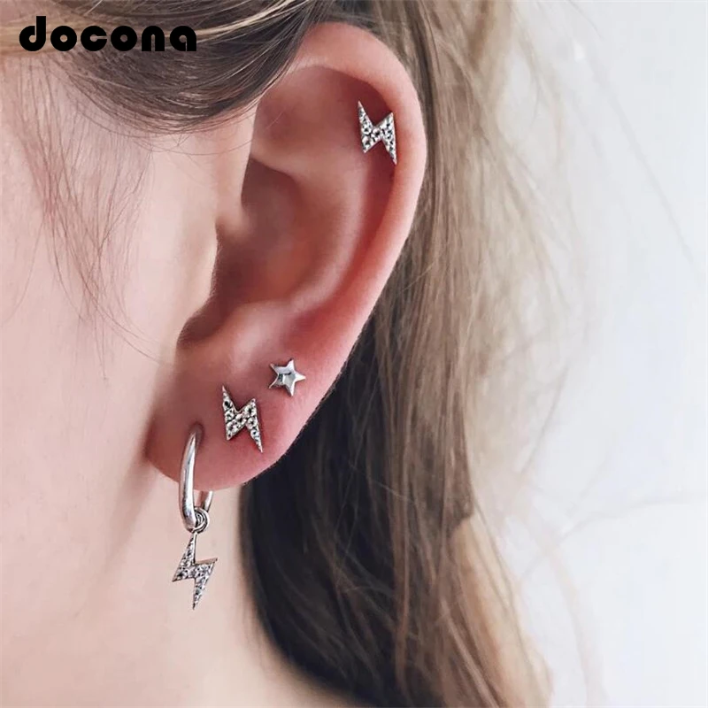 

Docona Punk Silver Color Star Lightning Stud Earring Set for Women Crystal Geometric Studs Earring Party Jewelry Brincos 4283
