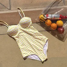 Цельный купальник, купальный костюм, купальный костюм для женщин, купальник, полный купальник для девочек, лимонно-желтые оправы, Ins Grid Ghost Plaid