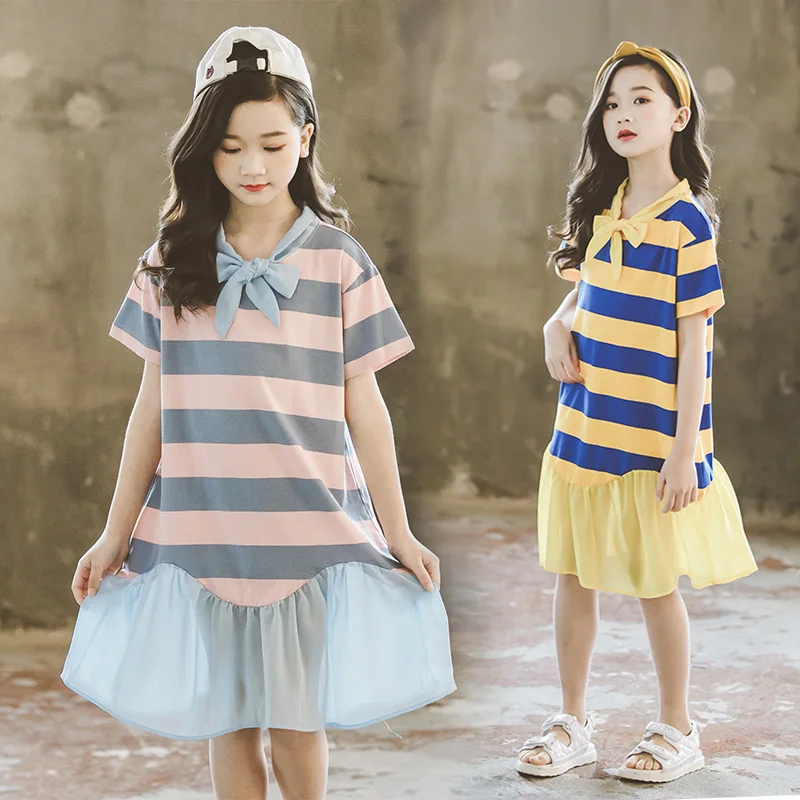Платье в полоску для маленьких девочек, костюм детская одежда, платья, наряды новое летнее платье для маленьких девочек Vestidos Kleider 10 12 14 лет
