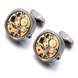 Gold Watch Movement Cufflinks - Steampunk Gear Design in Stainless Steel with Gift Box (Pure Gold Color)