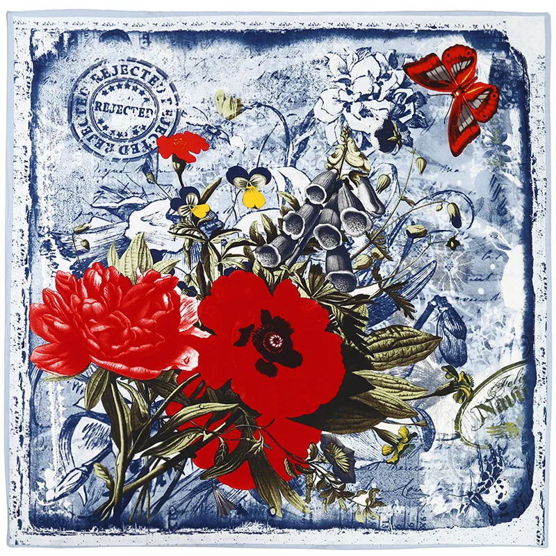 

POBING 100% Silk Scarf Women Spain Large Shawls Flowers Print Stoles Square Bandana Luxury Kerchief Scarf Female Foulards 130CM