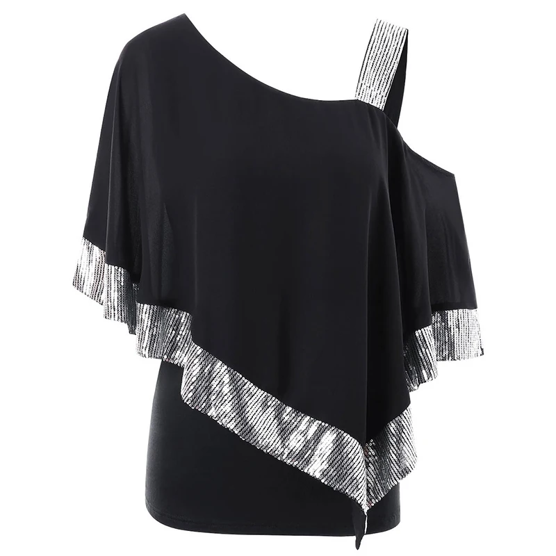 

Women Summer Casual Plus Size S-5XL Sequined Casual T-shirt Female Fashion European Style One Shoulder Strap Tees Top SJ2329E