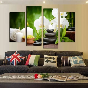 

4 Panel Moderm Home Decoration Combinative Canvas Painting White Orchid Stone For Living Room Free Shipping F1780