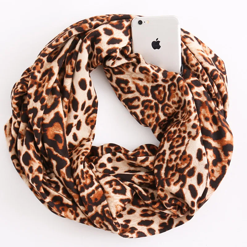 

RUNMEIFA 2019 New Fashion Spring/Summer Women&Men Leopard Print Infinity Portable Scarf with Zipper Pocket Travel Journey