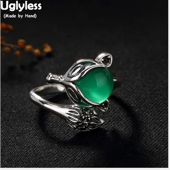 

Uglyless Real 925 Sterling Silver Natural Chalcedony Finger Rings Women Cute Fox Ring Handmade Marcasite Jewelry Opening Bijoux