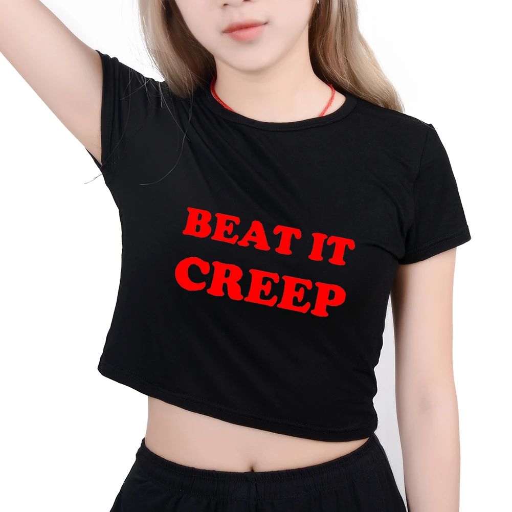 Женская Сексуальная короткая футболка с надписью BEAT IT CREEP укороченная Футболка Летний Стиль Забавный красный принт с буквами укороченные топы Tumblr графическая хипстерская футболка
