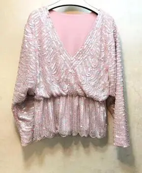 Женская роскошная винтажная рубашка с блестящими блестками и бисером, женские сексуальные Клубные вечерние пуловеры для танцев, топы, футболки TB593 - Цвет: pink