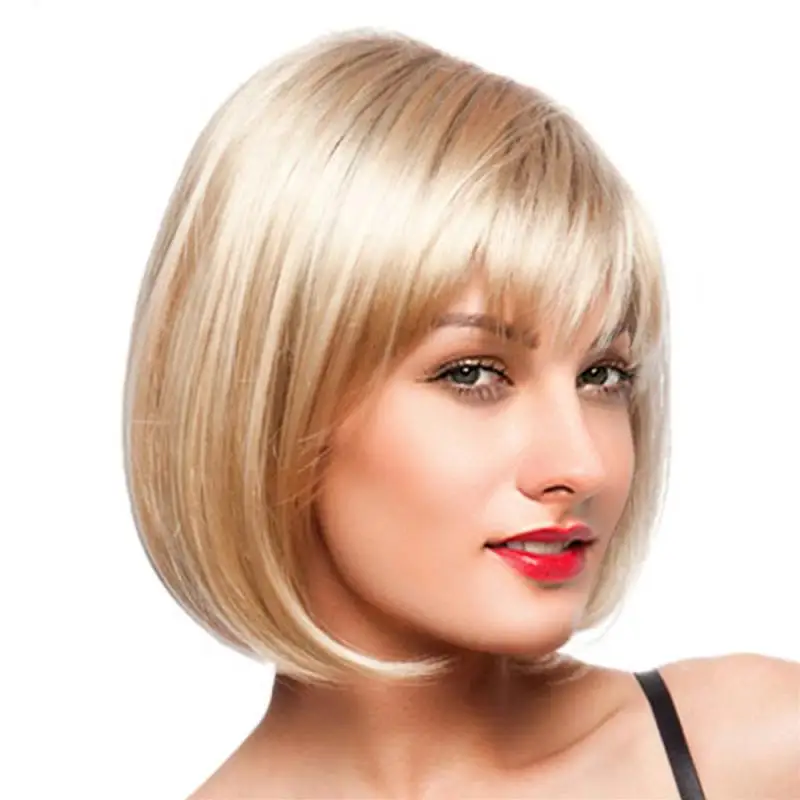 Women Short Straight Blonde Full Bangs Bob Hairstyle Synthetic Hair Full Wig DE11 Women Short Straight Blonde Full Bangs Bob Hairstyle Synthetic Hair Full Wig DE11