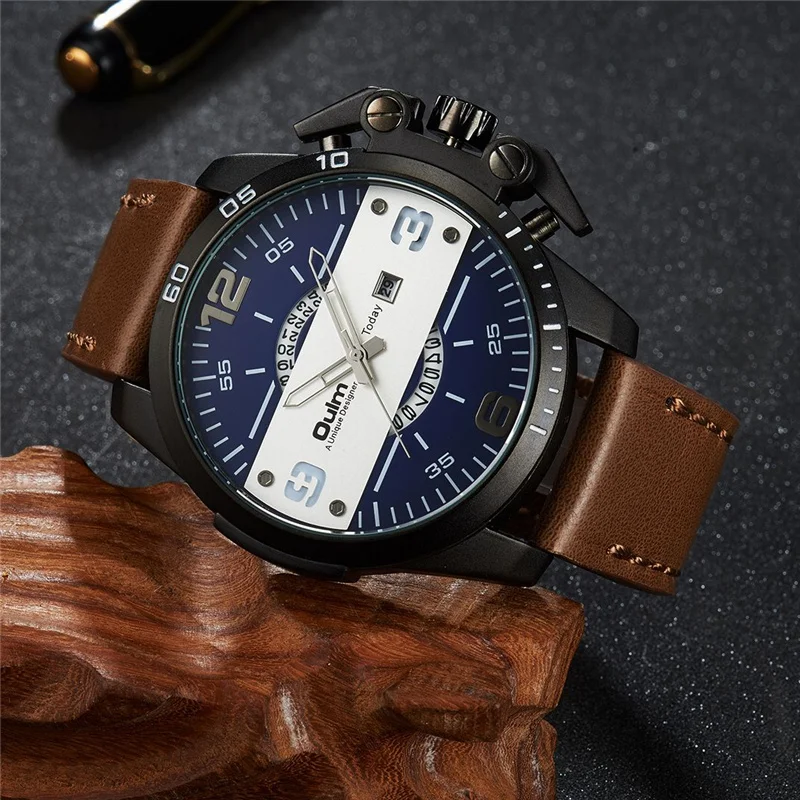 

Oulm New Design Big Watch Sport Men Cool Button Auto Date Leather Strap Men's Quartz Wristwatch Luxury Man Military Watches